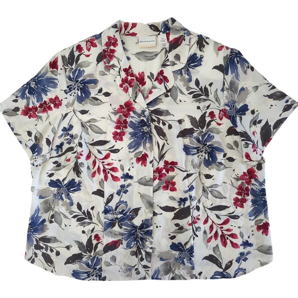 Alfred Dunner White Blue Red Silver Floral Print Crepe Short Sleeve Women Sz 24W